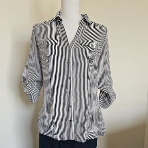 WHBM Black and White Striped Button-Up Blouse